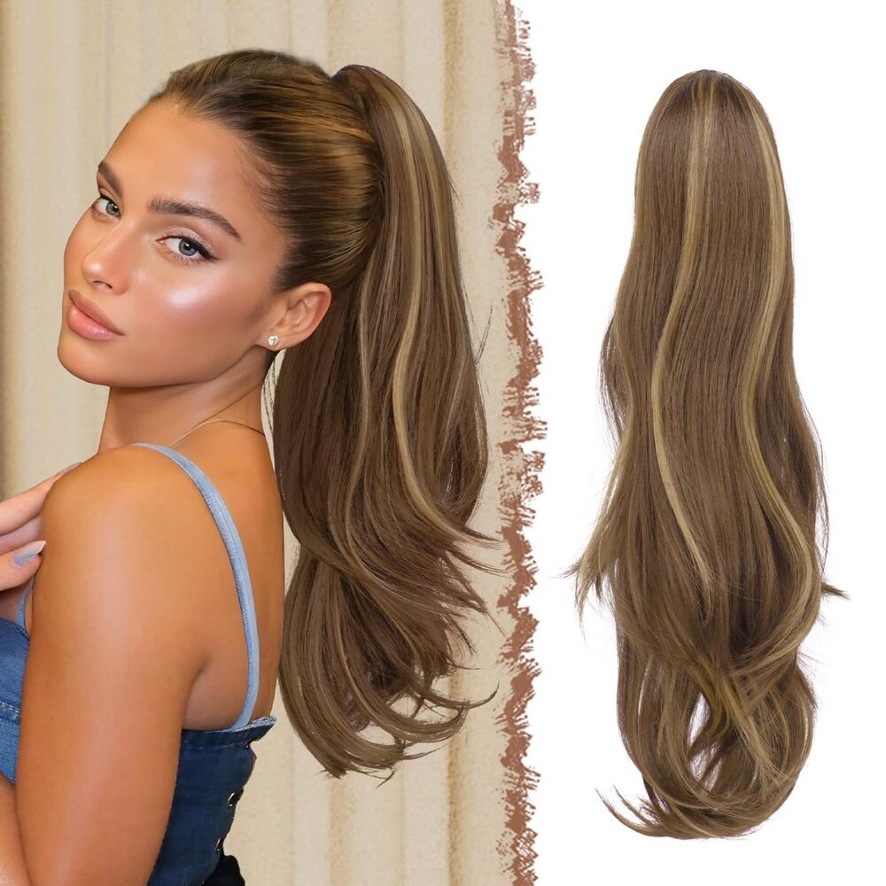 FESHFEN 20" Drawstring Ponytail Extension Wavy Layered Honey Blonde Light Brown